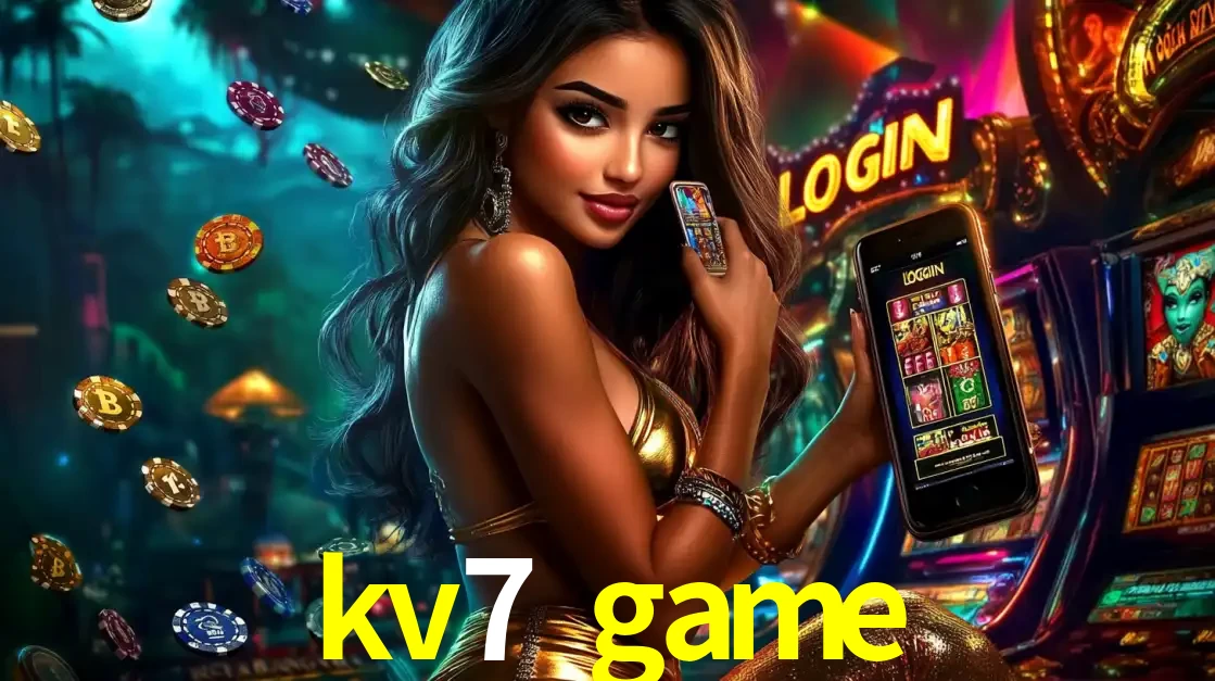 Mulher em um cenário de cassino temático de aventura, mostrando o app de caça-níqueis da kv7 game no celular. Fichas de apostas flutuam ao redor.