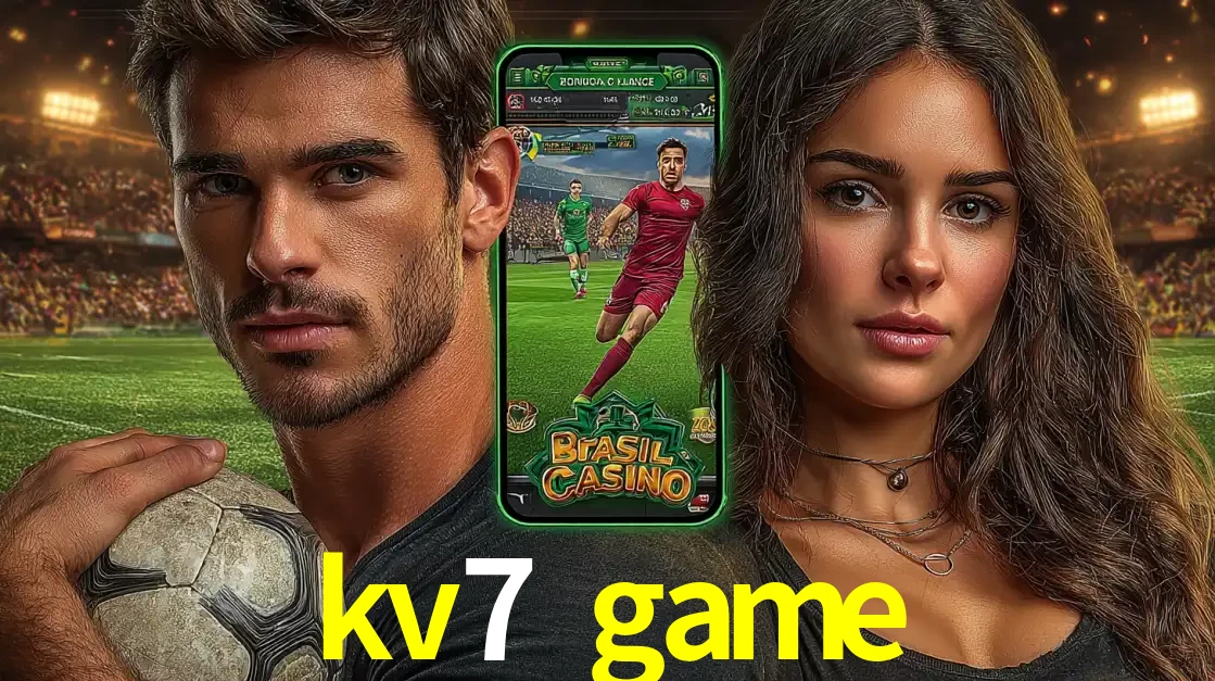 Homem segurando uma bola de futebol e uma mulher ao lado de um smartphone exibindo o jogo de apostas esportivas da kv7 game. Faça seu palpite no cassino online.